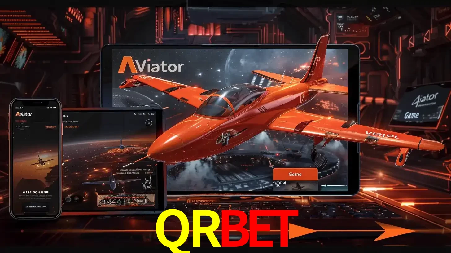 Apresentação tecnológica do jogo Aviator com um avião saindo da tela de um tablet, demonstrando a experiência imersiva em múltiplos dispositivos no QRBET.
