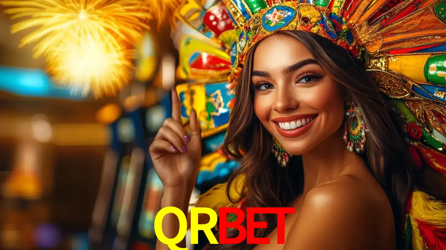 Mulher sorridente com um cocar de carnaval vibrante e colorido, celebrando uma grande vitória nos jogos do cassino QRBET com fogos de artifício ao fundo.