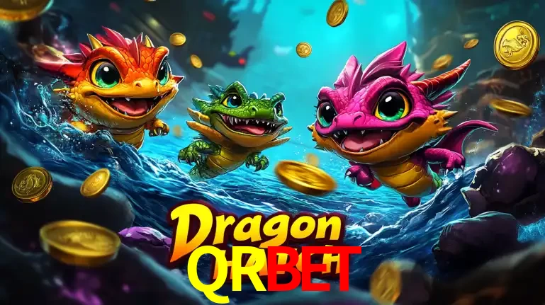 Arte promocional do jogo Dragon Hatch com três adoráveis dragões bebês nadando entre moedas de ouro, um dos slots mais divertidos para jogar no cassino QRBET.