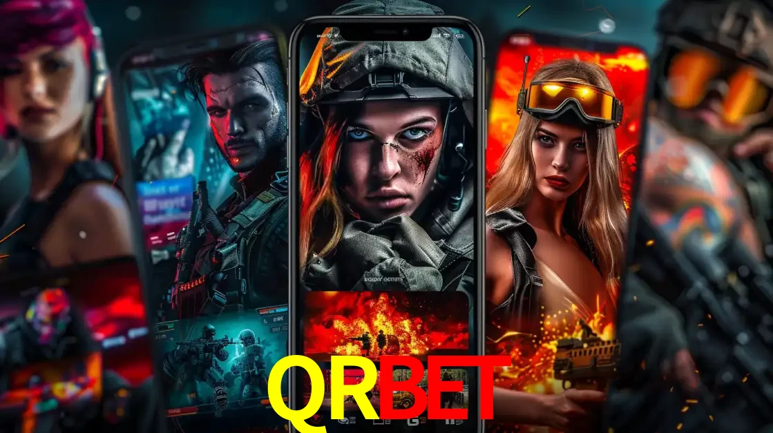 Montagem de telas de celular mostrando diversos personagens, masculinos e femininos, de um jogo de tiro, ilustrando a diversidade de equipes de e-sports para apostar no QRBET.