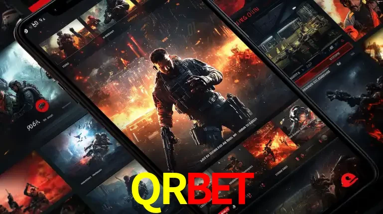 Tela de um celular exibindo uma galeria de jogos de tiro com temática militar, mostrando a variedade de e-sports disponíveis para apostas na plataforma de entretenimento QRBET.