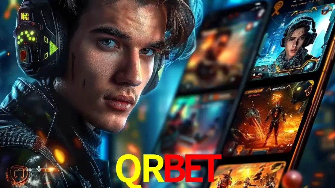 Jovem jogador com fones de ouvido olhando para a câmera, com um aplicativo de jogos e e-sports para celular ao fundo, pronto para a competição e apostas no QRBET.