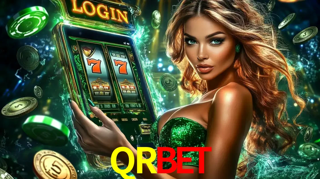 Mulher com tema verde apresentando o aplicativo do cassino QRBET com um jogo de slot de 777, cercada por fichas de cassino e uma aura de sorte.