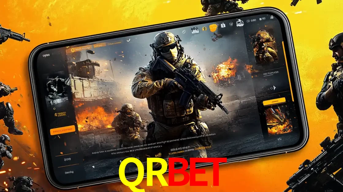 Um smartphone exibindo a interface de um jogo de tiro em primeira pessoa, com um soldado em um cenário de batalha, representando a ação dos e-sports para apostar no QRBET.