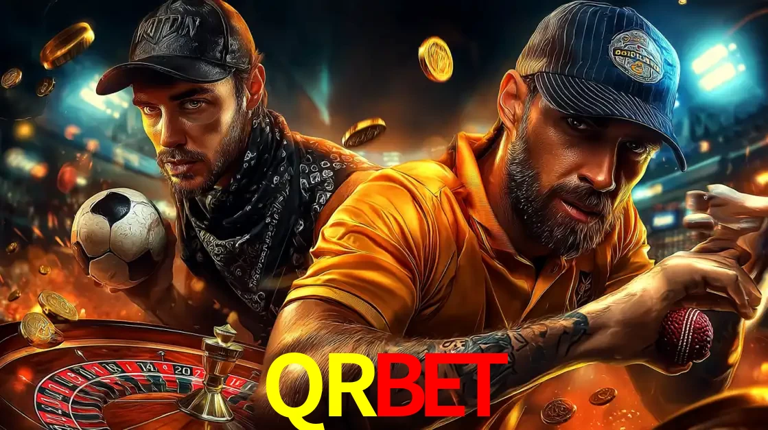 Montagem de apostas esportivas e cassino no QRBET, com um homem segurando uma bola de futebol e outro uma de beisebol sobre uma roleta e moedas voadoras.