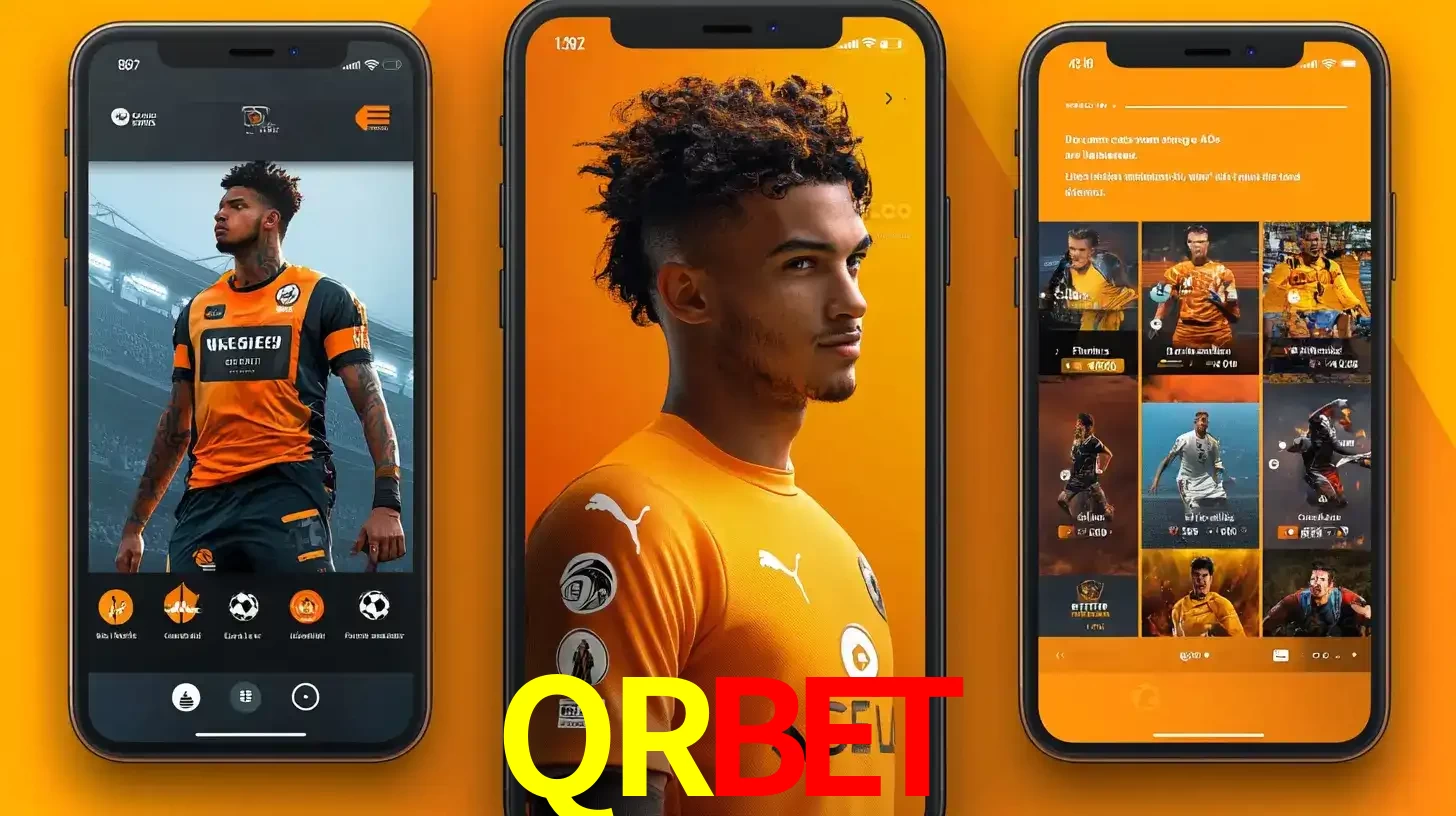 Interface do aplicativo de apostas esportivas QRBET em três telas de celular, mostrando o perfil de um jogador de futebol e a lista de jogos disponíveis para apostar.