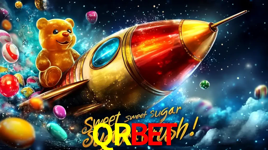 Arte promocional do jogo de slot Sugar Rush, com um urso de pelúcia em um foguete viajando pelo espaço de doces, um dos jogos divertidos disponíveis no cassino QRBET.