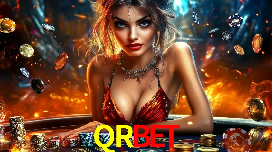 Mulher em uma mesa de cassino com pilhas de fichas e um fundo de fogo, pronta para uma rodada de altas apostas nos jogos de mesa emocionantes do cassino QRBET.