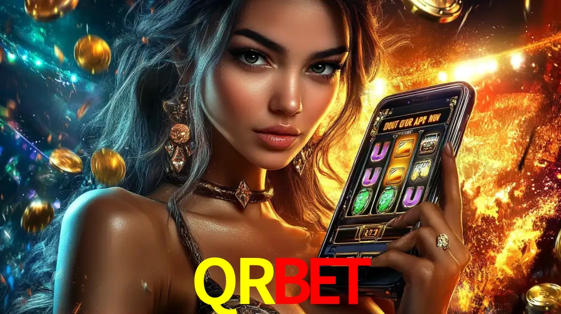Mulher elegante mostrando um jogo de caça-níqueis em seu smartphone, destacando a experiência de cassino móvel oferecida pelo aplicativo QRBET.