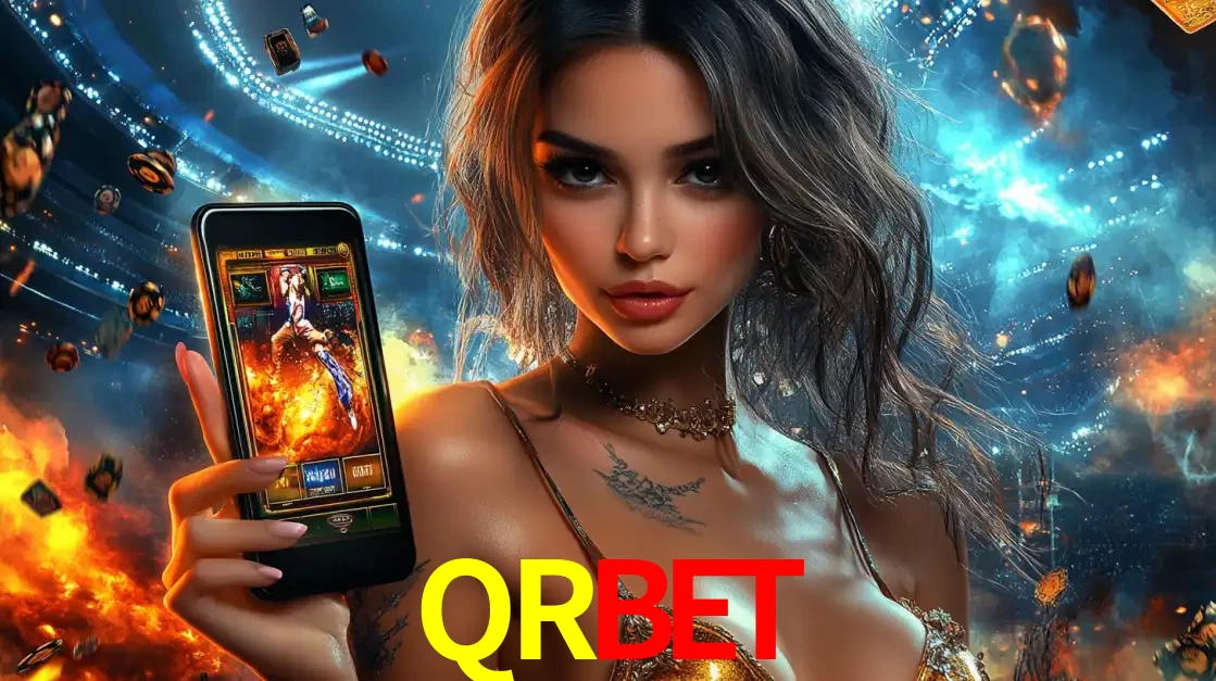Mulher segurando um celular com um jogo de slot em destaque, tendo como fundo um estádio vibrante, simbolizando a emoção de jogar no cassino móvel QRBET.