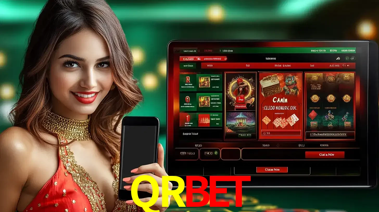 Mulher sorridente segurando um smartphone, ao lado de uma tela exibindo o lobby de jogos do cassino online QRBET, com várias opções de jogos de cartas e slots.